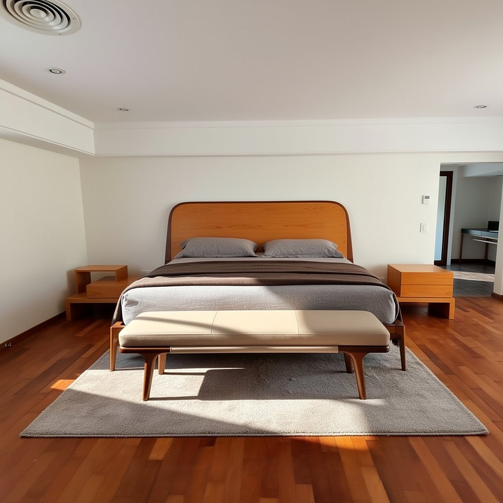 Concept render — the primary bedroom reimagined in warm wood